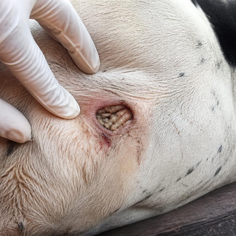 Ferida com bicheira sendo examinada por veterinário