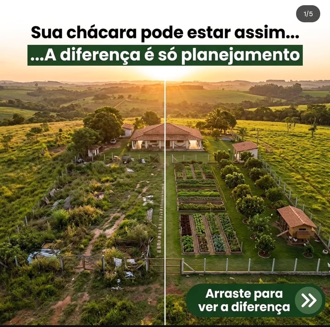 Post comparando uma chácara sem planejamento e outra planejada
