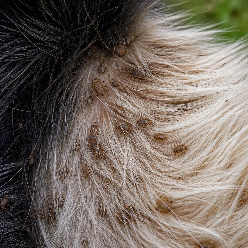 Piolhos bovinos entre os pelos do animal